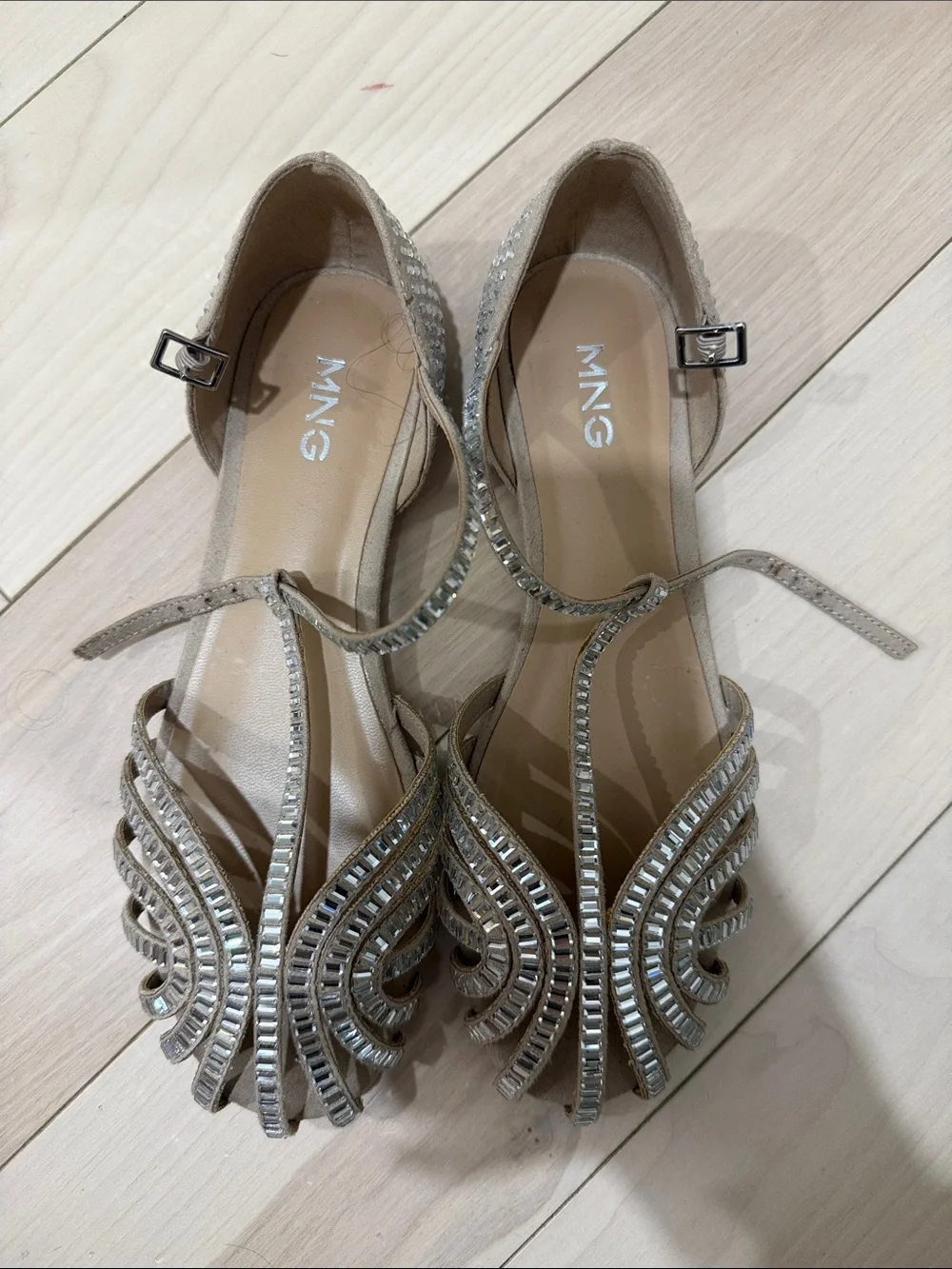 Mango Beaded T-Strap Dress Sandals in Silver-Taupe